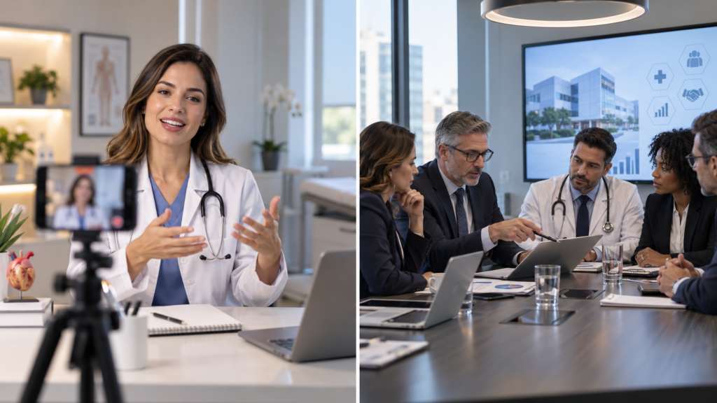 Médica gravando conteúdo em vídeo ao lado de reunião com múltiplos decisores no setor de saúde