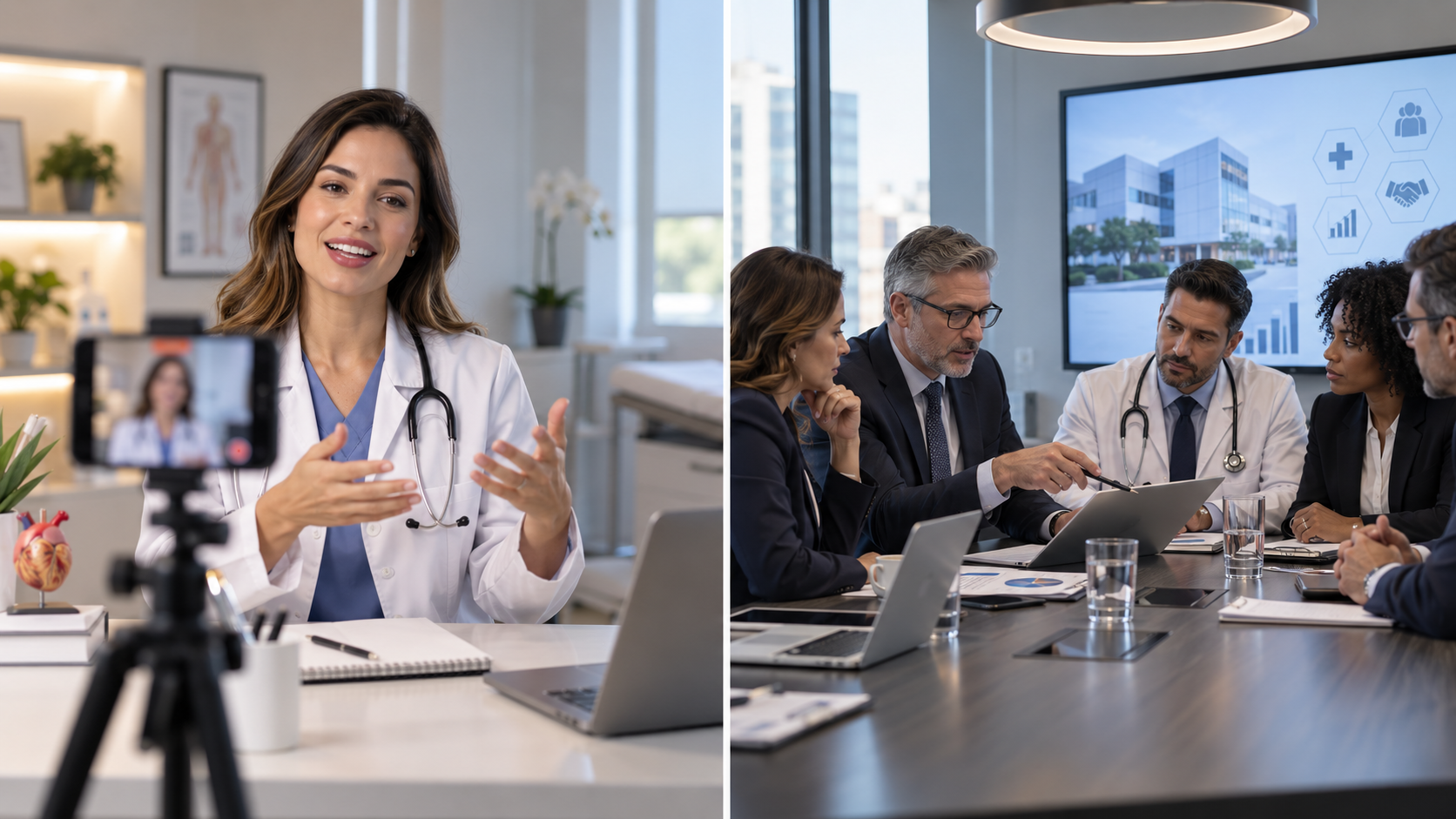 Médica gravando conteúdo em vídeo ao lado de reunião com múltiplos decisores no setor de saúde